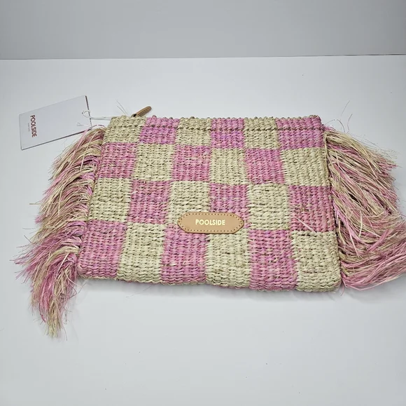 Poolside Clutch Natural/Pink Checkered Fringe Clutch Straw NWT Upcycled Organic - Picture 2 of 13